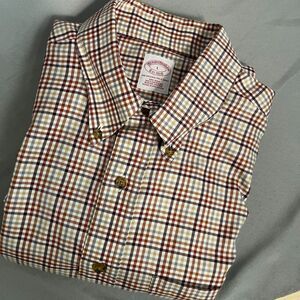 Brooks Brother Shirt Men Large Orange Brown Plaid Cotton Long Sleeve Button Down
